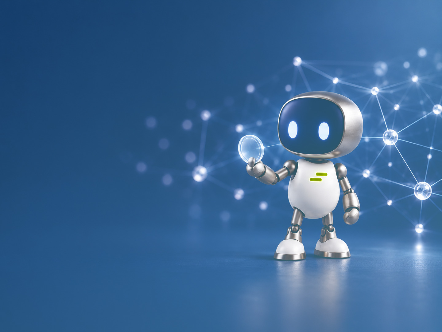 Ein kleiner Roboter hält einen gläsernen Token vor einem Netz aus Lichtpunkten.